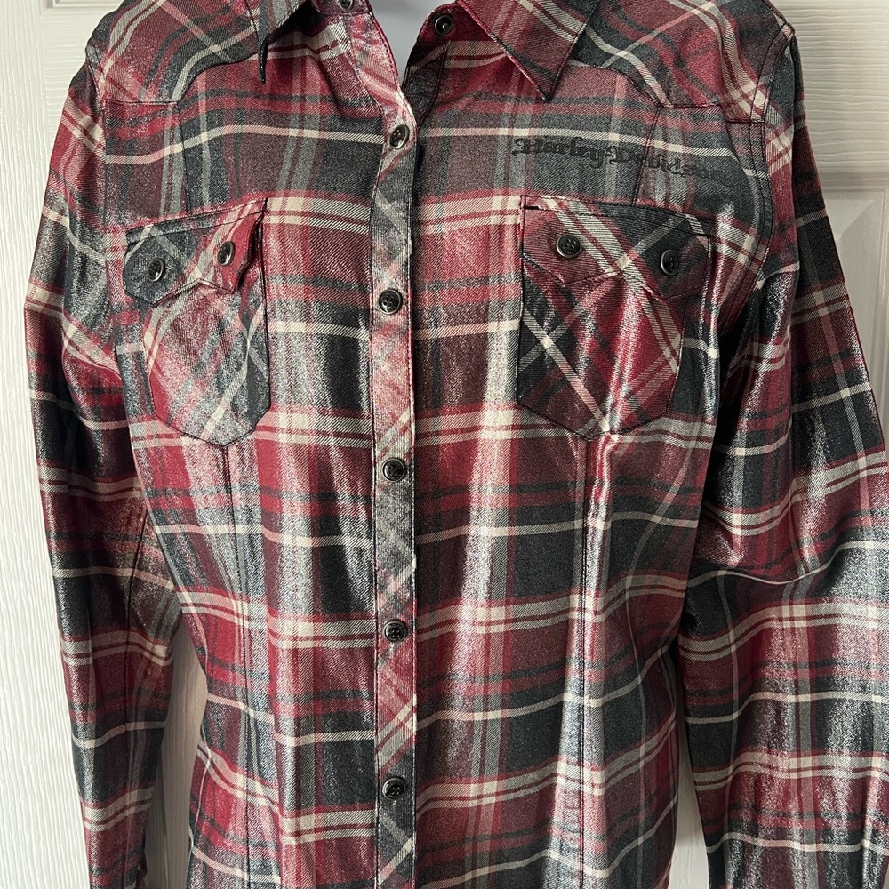 Harley-Davidson Women's Red and Black Plaid Button Down Shirt. Metallic shine